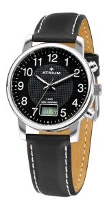 A25-11,Herrenuhr,FUNKUHR Stahlgehäuse, Lederband Mineralglas,schwarzes Zifferblatt, Datum 5 bar Zierkrone ∅ 40 mm